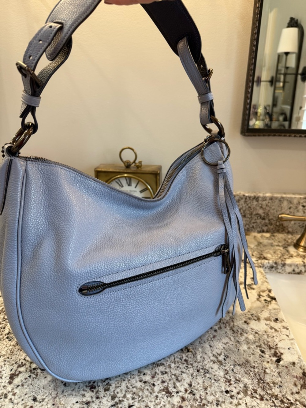 Coach Light Blue-Gray Pebble Leather Shoulder Hobo with Floral Stud Accents. - Picture 5 of 9